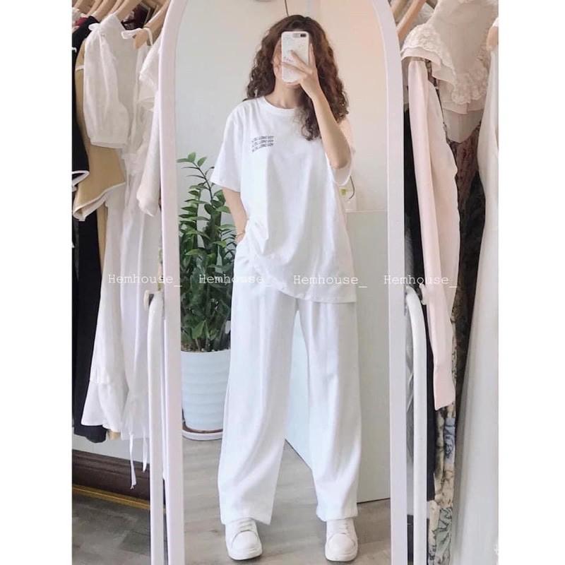 Sét đồ nữ trắng vải cotton áo phông quần rộng - KÈM ẢNH THẬT