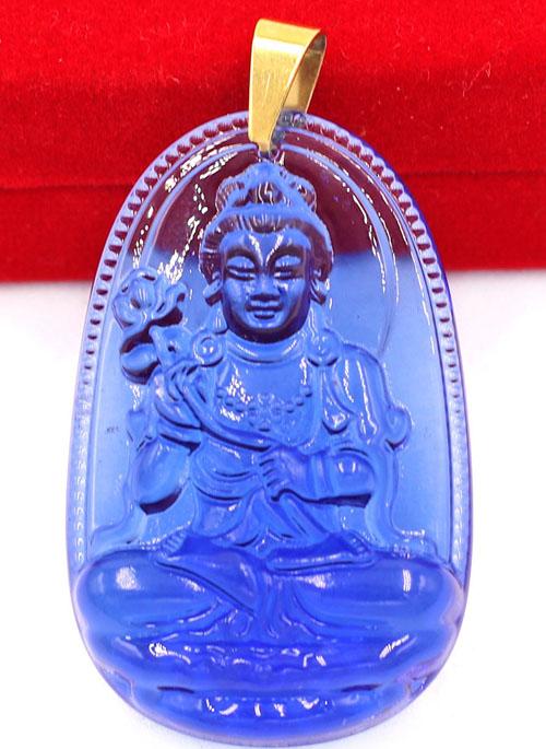 Vòng cổ dây dù Đại Thế Chí Bồ Tát thủy tinh xanh dương 3.6cm - phật bản mệnh tuổi Ngọ - Móc inox