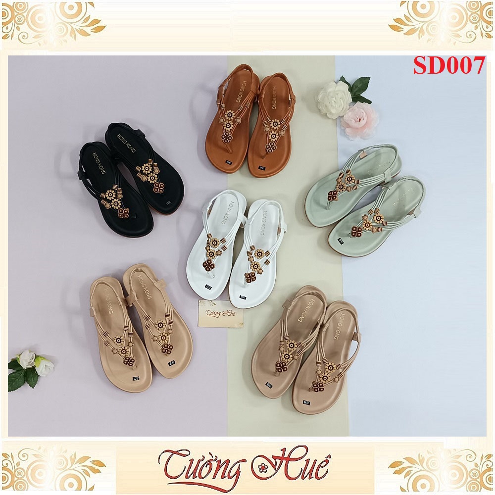 Sandal Nữ Xỏ Ngón Quai Đính Hoa Đế Bệt - SD007