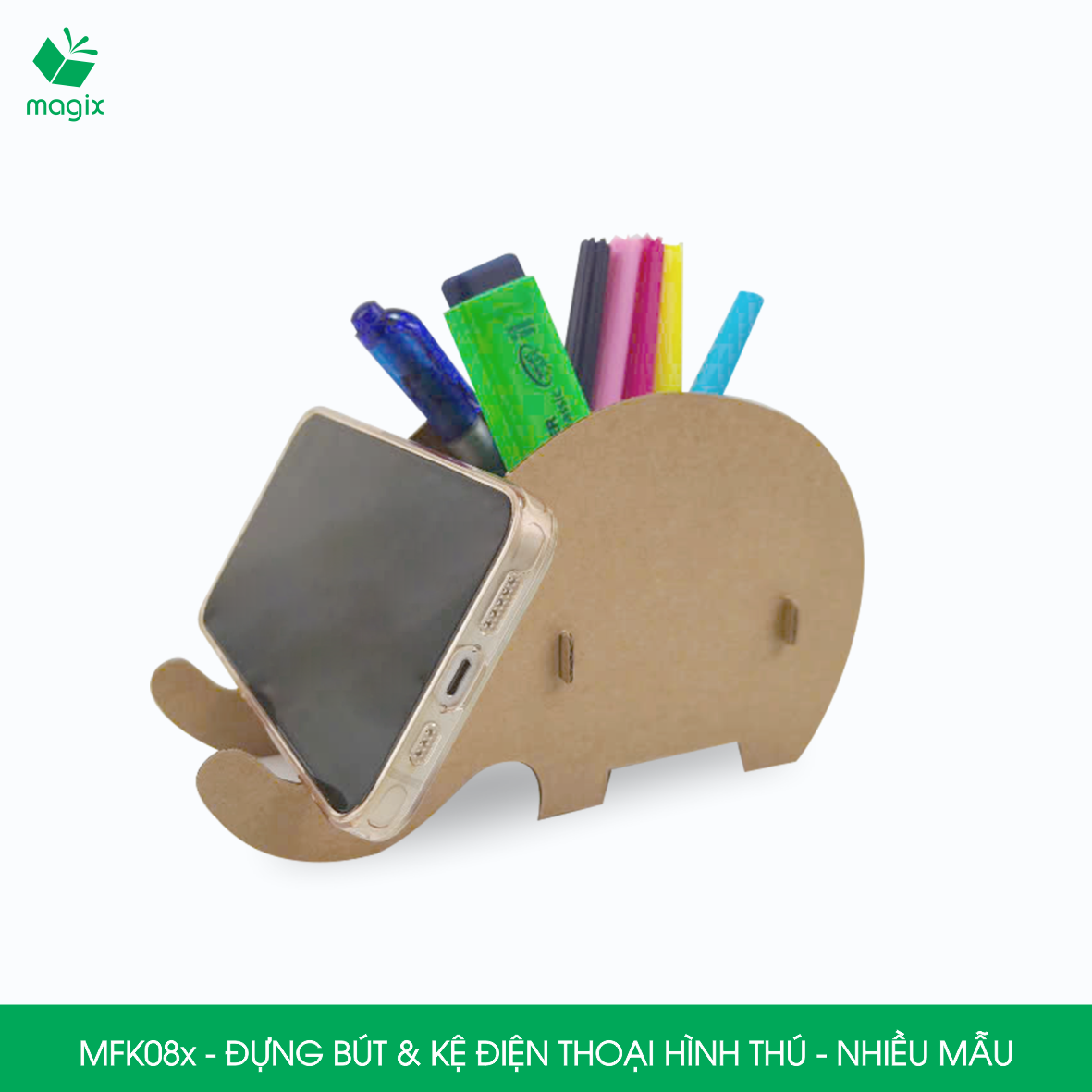 MFK08.CB01 - Combo 4 hộp đựng bút & kệ điện thoại lắp ghép giấy carton hình thú - con voi, nhím, khủng long, cá voi