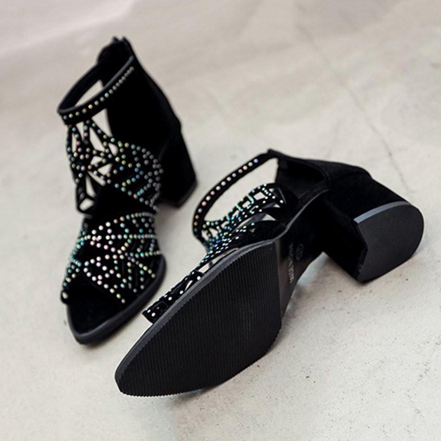 Giày sandal gót vuông quai đính đá thời trang cho nữ