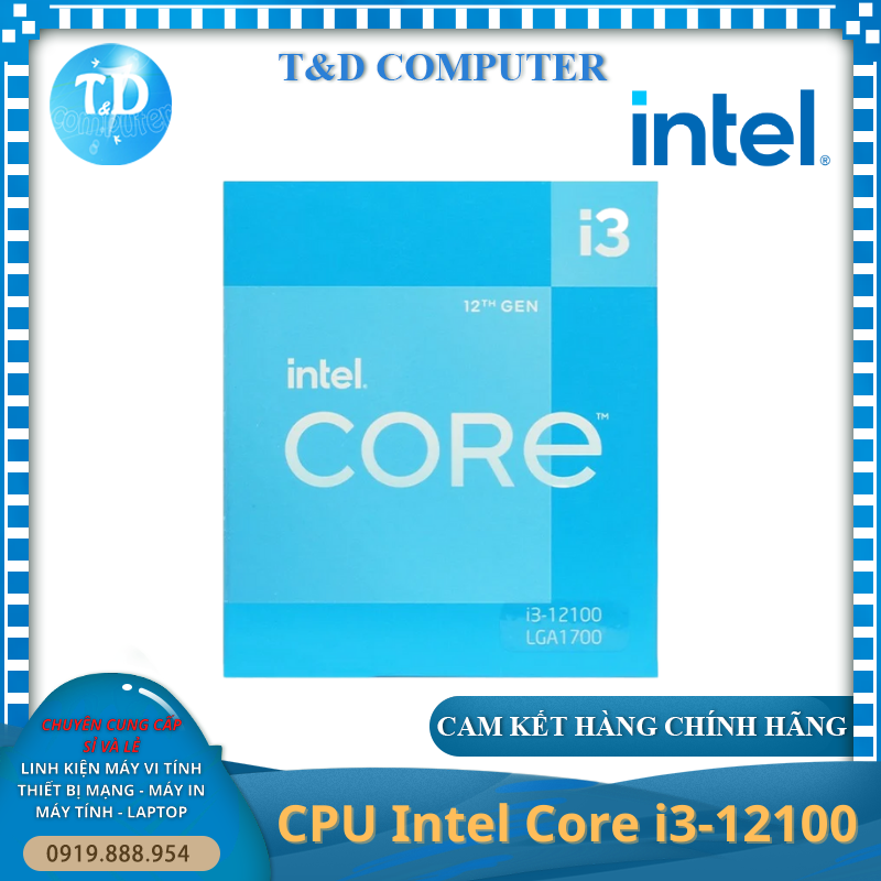 CPU Intel Core i3-12100 (3.3GHz turbo up to 4.3GHz, 4 nhân 8 luồng, 12MB Cache, 58W) - Socket Intel LGA 1700) - Hàng chính hãng FPT phân phối