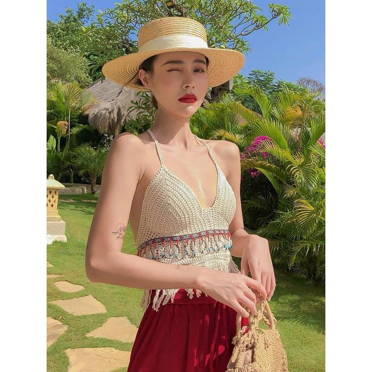 MS865 Áo hai dây đan móc đi biển cổ yếm đính cườm