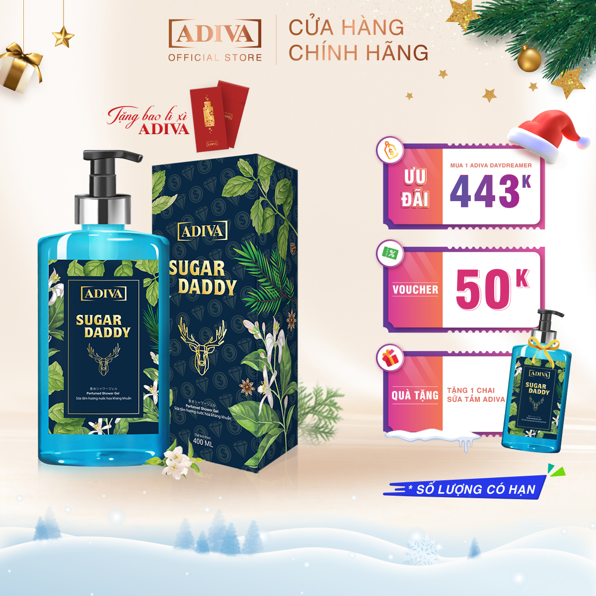 Sữa Tắm  Hương Nước Hoa Kháng Khuẩn Cho Nam ADIVA Sugar Daddy 400ml Tặng 1 Hộp Cùng Loại