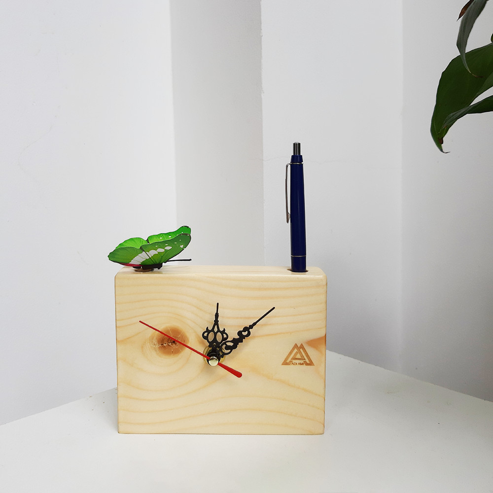 Đồng hồ gỗ để bàn - TCII - Tiny Clock 2 lỗ cắm bút