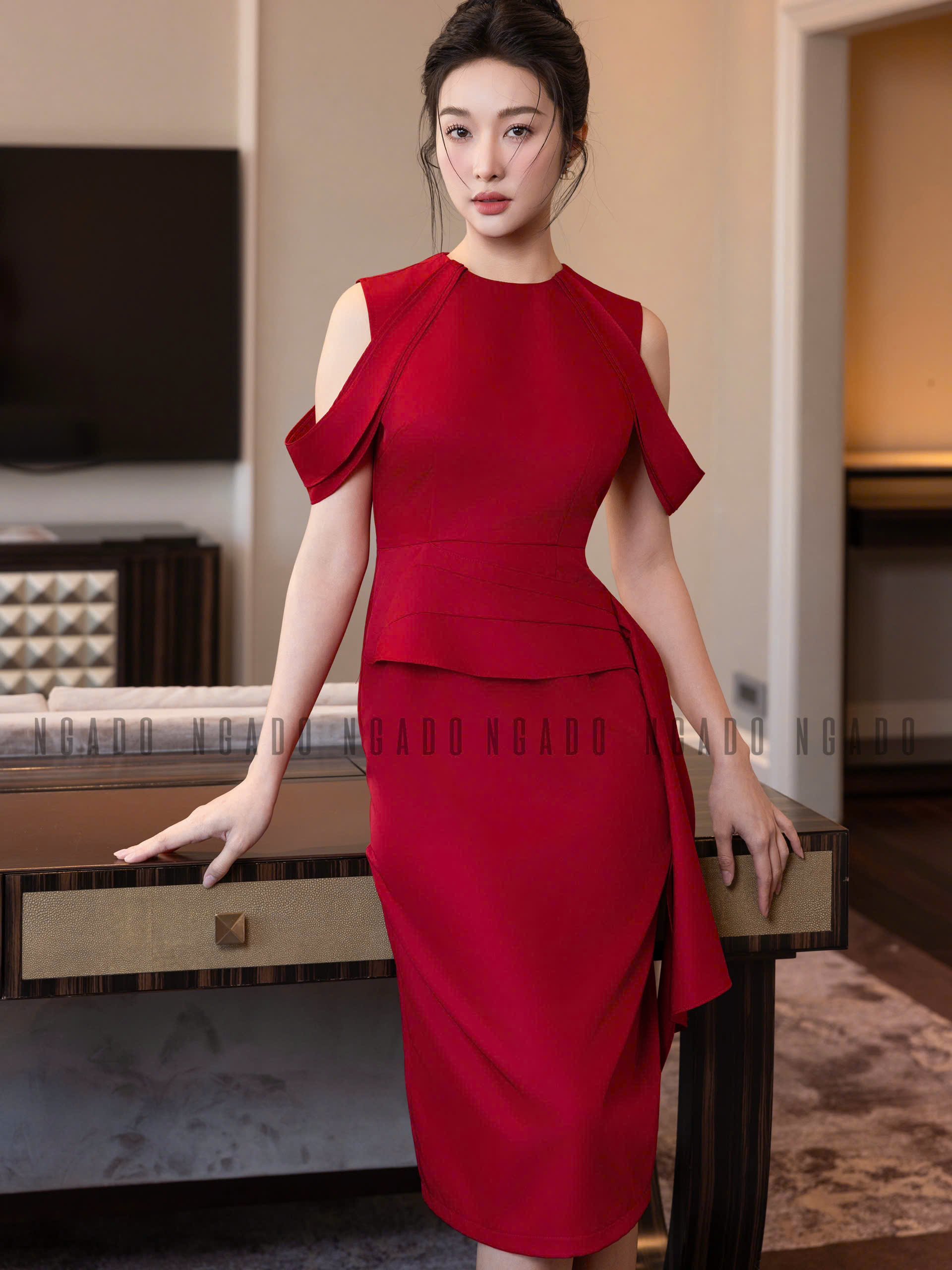Đầm đỏ tay rơi NGADO , đầm kiểu nữ , đầm dự tiệc , đầm công sở