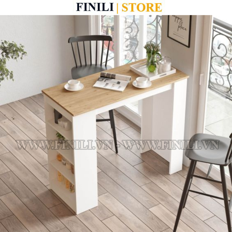 Bàn bar FINILI Temahome Aravis có ngăn đựng, Ván MDF Melamine, Trắng/Vân gỗ FNLO2077