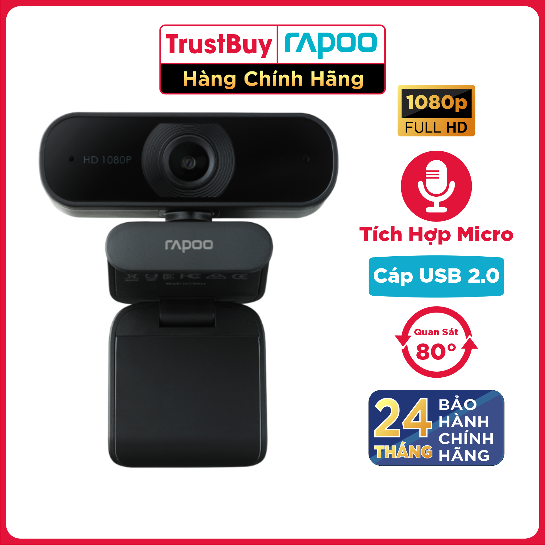 Webcam Full HD 1080P RAPOO Micro Khử Ồn Kép Góc Rộng 80 Độ XW180 - Hàng Chính Hãng