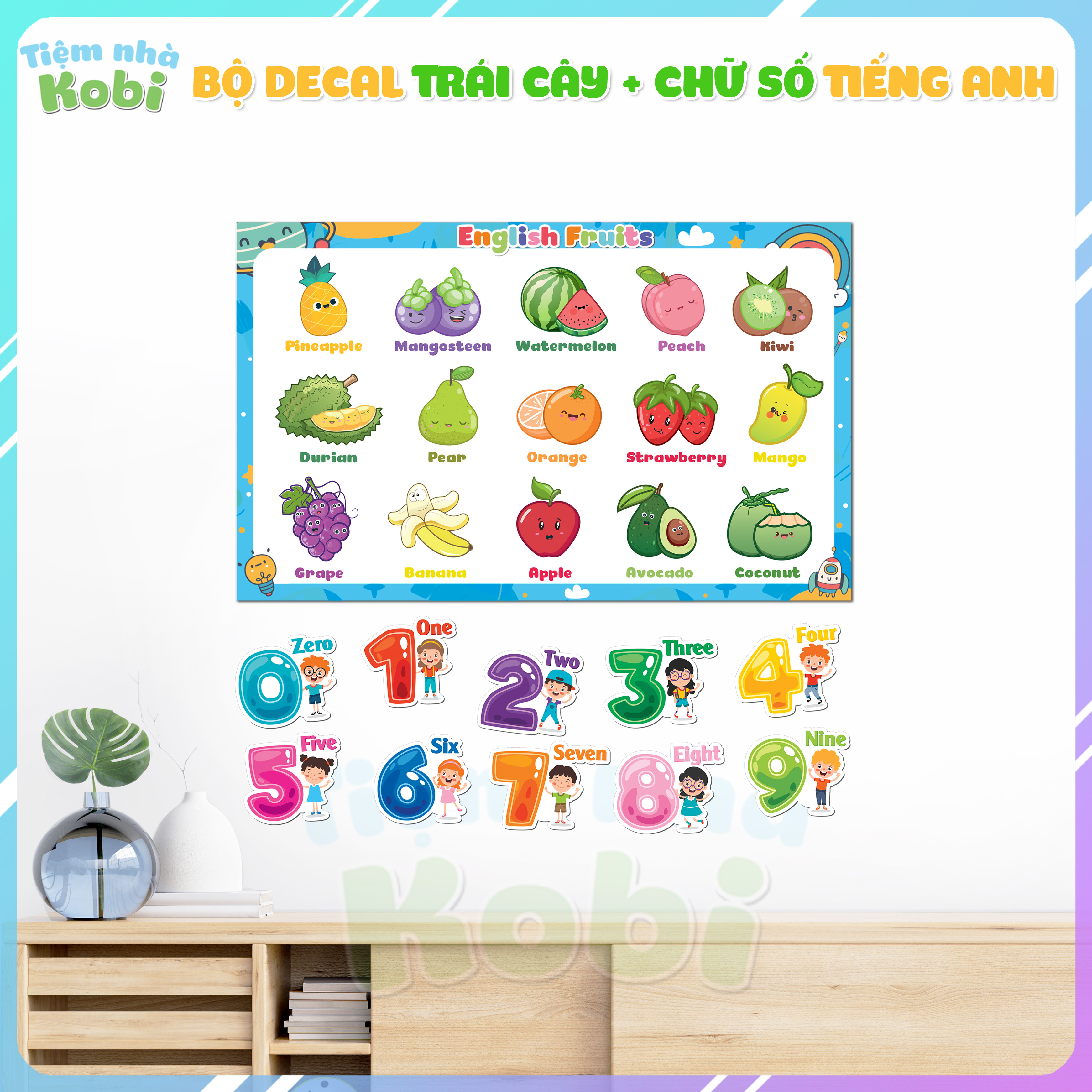 Bộ Decal Trái Cây, Hoa Quả Tiếng Anh + Chữ Số Tiếng Anh - Dán Tường Cho Bé Học Tập