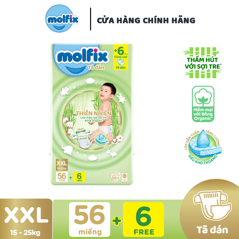 Tã/bỉm dán Molfix Thiên nhiên Super Jumbo XXL (15kg - 25kg) - Gói 56+2 miếng