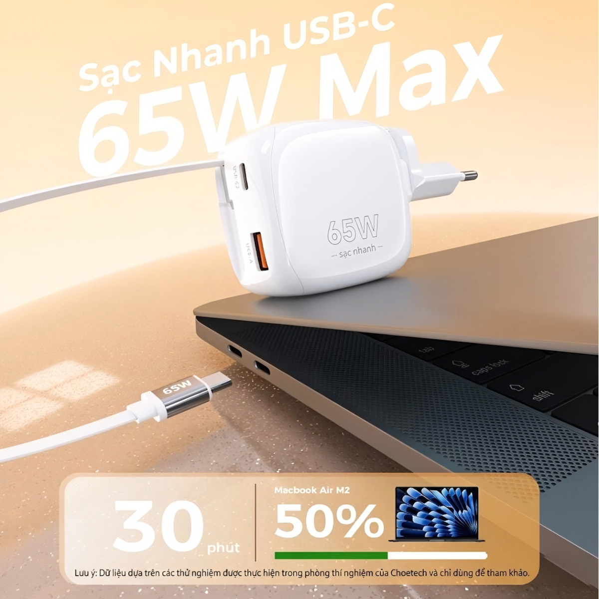 Bộ sạc nhanh Choetech PD6123 GaN 65W tích hợp dây USB C và chân cắm gập gọn (Hàng chính hãng)