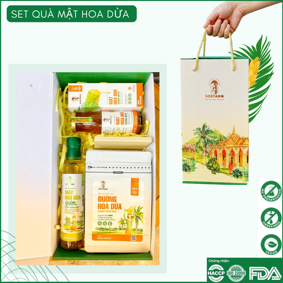 Hộp quà - Mật hoa dừa, đường hoa dừa, Giấm mật hoa dừa sokfarm (5 sản phẩm)