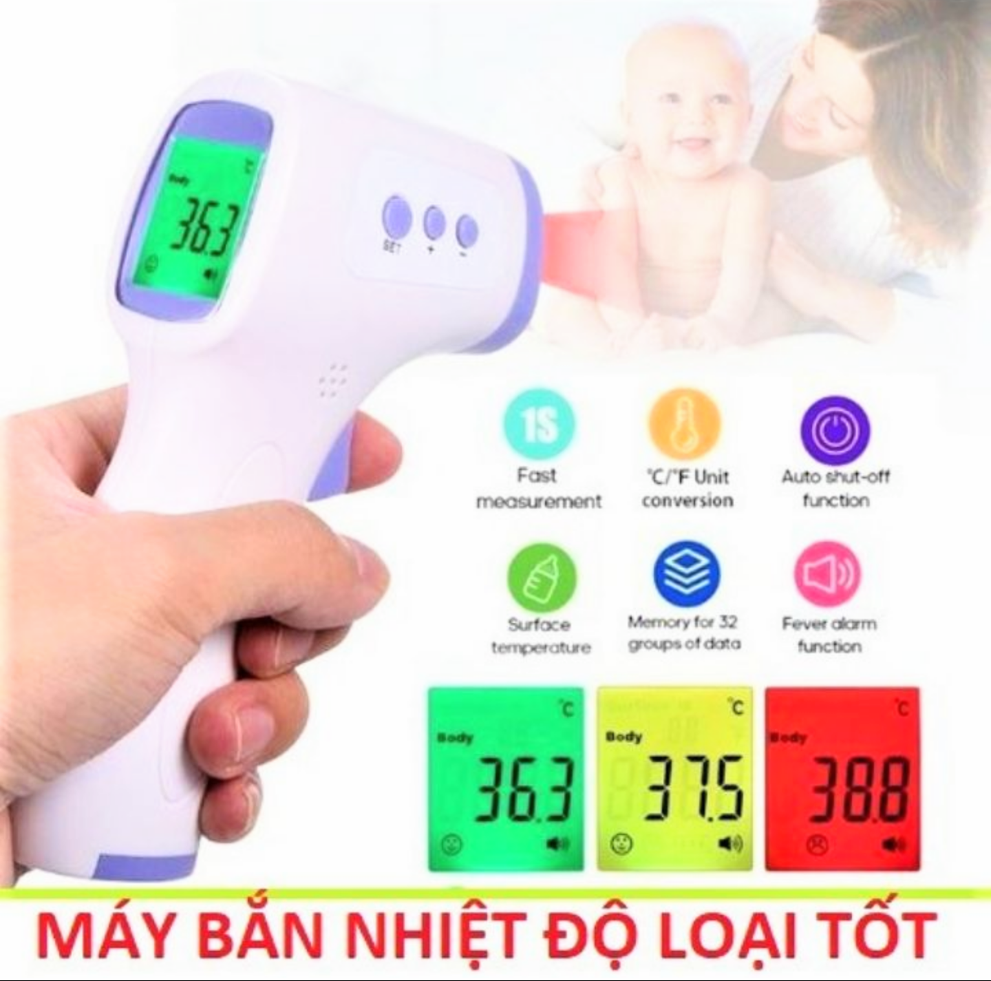 MÁY ĐO THÂN NHIỆT NHIỆT ĐỘ NHIỆT KẾ HỒNG NGOẠI ĐO TRÁN MÀN HÌNH HIỂN THỊ LED MÀU HÀNG CHUẨN CHẤT LƯỢNG