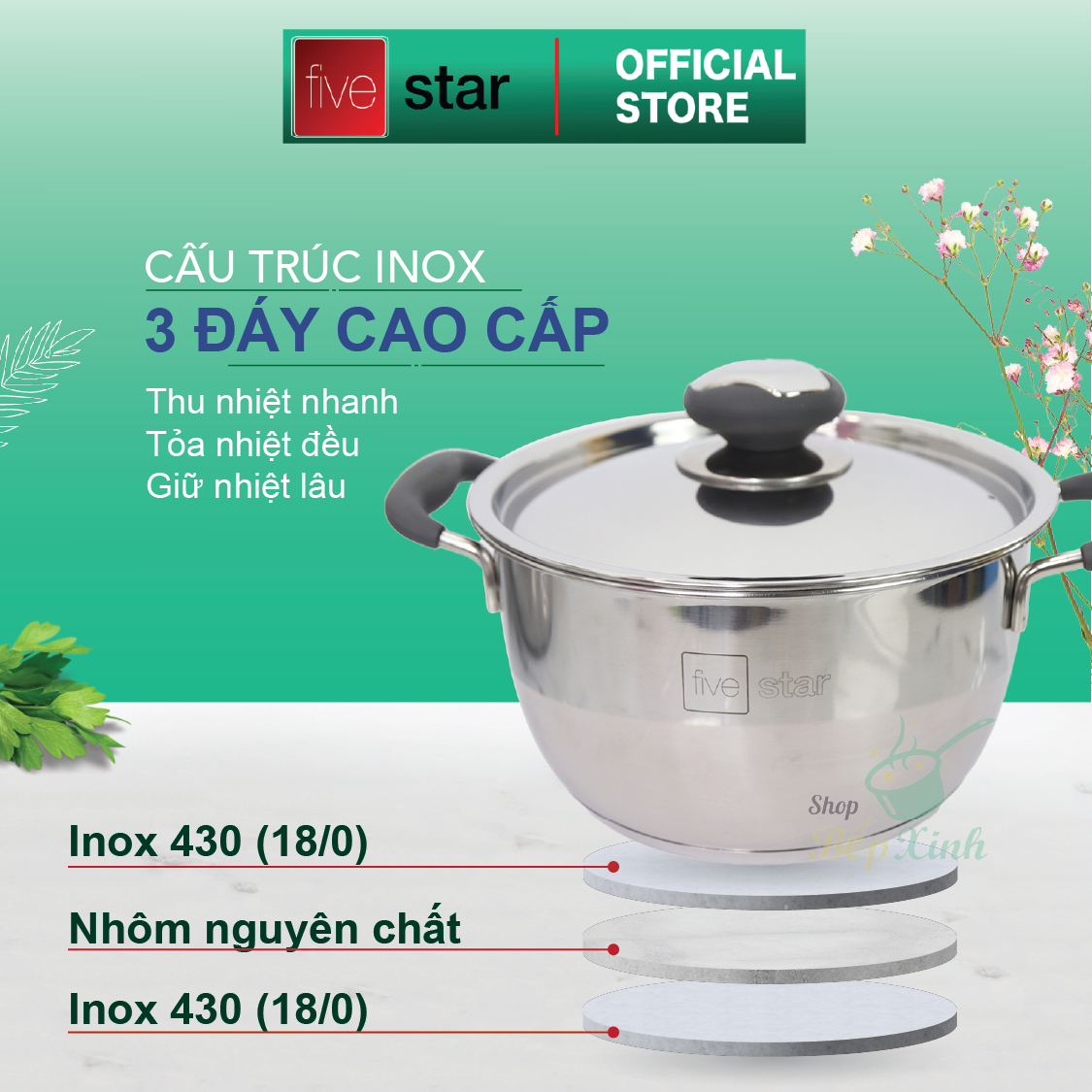 Nồi 3 đáy inox 430 Fivestar Standard quai silicon chống nóng nắp inox-sử dụng bếp từ-tặng 2 vá canh 24cm