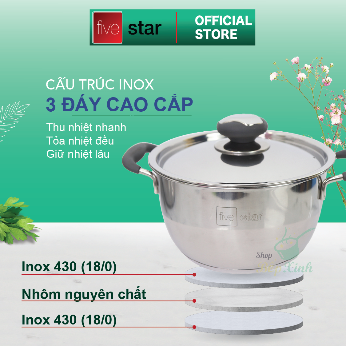 Bộ nồi inox và  chảo chống dính Fivestar Standard chống nóng nắp inox 3 đáy từ tặng 2 vá canh (1 nồi 16cmx 1 nồi 20cm và 1 chảo 22cm )