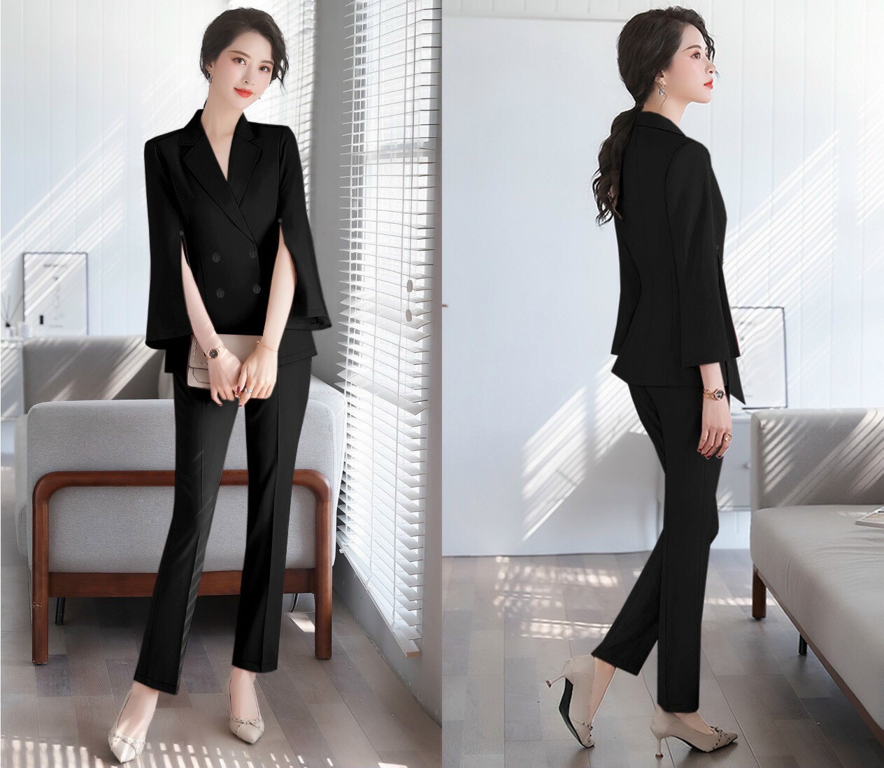 Sét nguyên bộ quần dài cổ vest tay dài xẻ sang trọng