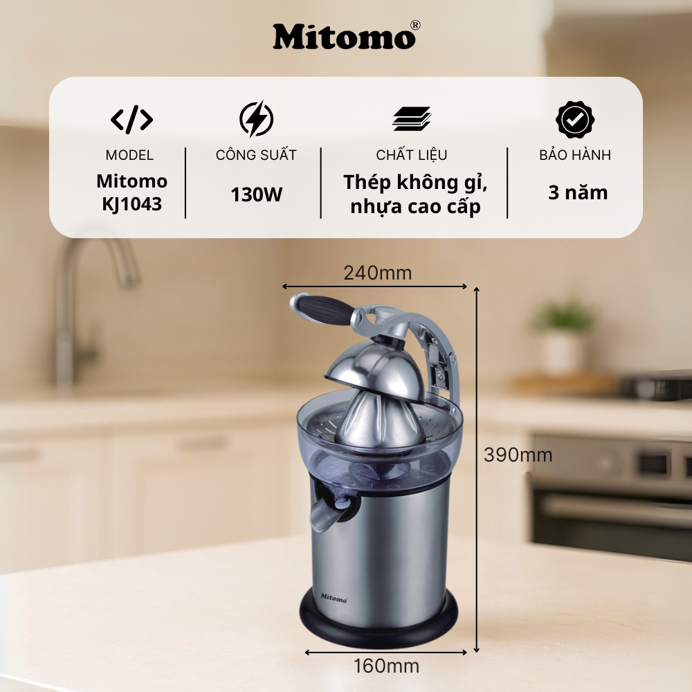 Máy Vắt Cam Tự Động Mitomo KJ1043 Đời Mới – Vận Hành Siêu Êm, An Toàn, Dễ Vệ Sinh Bảo Hành 3 Năm hàng chính hãng