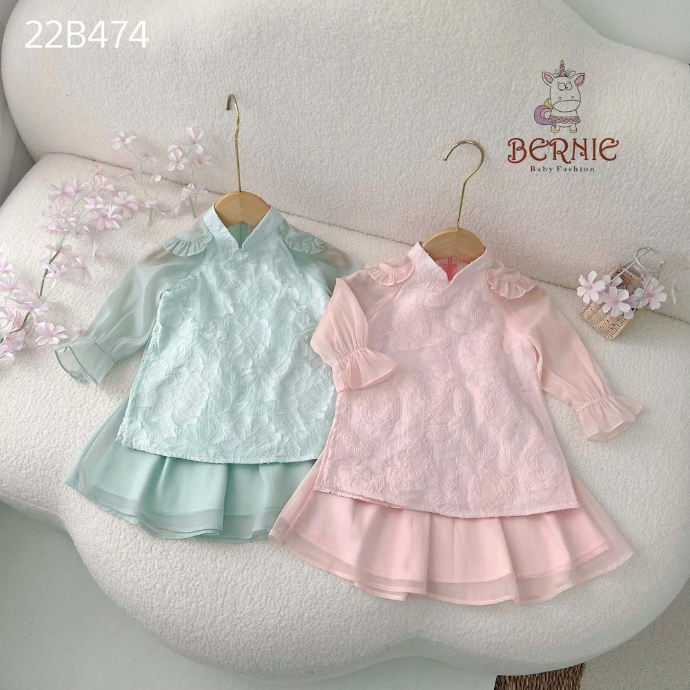 Áo dài tết, áo dài cách tân bé gái chất voan xốp hoa nổi cho bé từ 9 đến 24kg