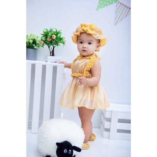 Body Yếm Vàng Bé Gái Sơ Sinh Đến 12kg, Chất Đũi Xốp Phối Tơ Ánh Nhũ Siêu Sang
