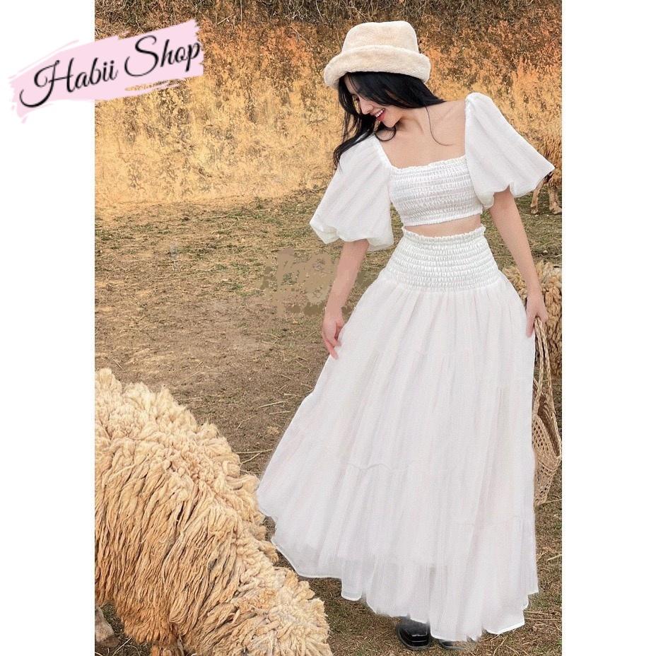 Set váy maxi đi biển dáng dài phối áo croptop tay bồng HABII SE11