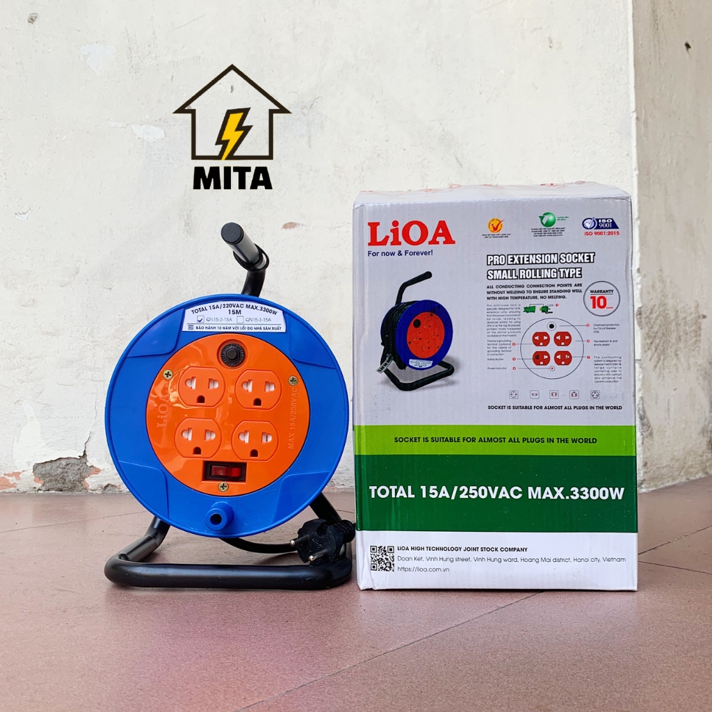 Ổ Cắm Kéo Dài Quay Tay Kiểu RULO loại nhỏ LiOA NEW - 4 Ổ cắm Công suất 15A Dây dài 15m