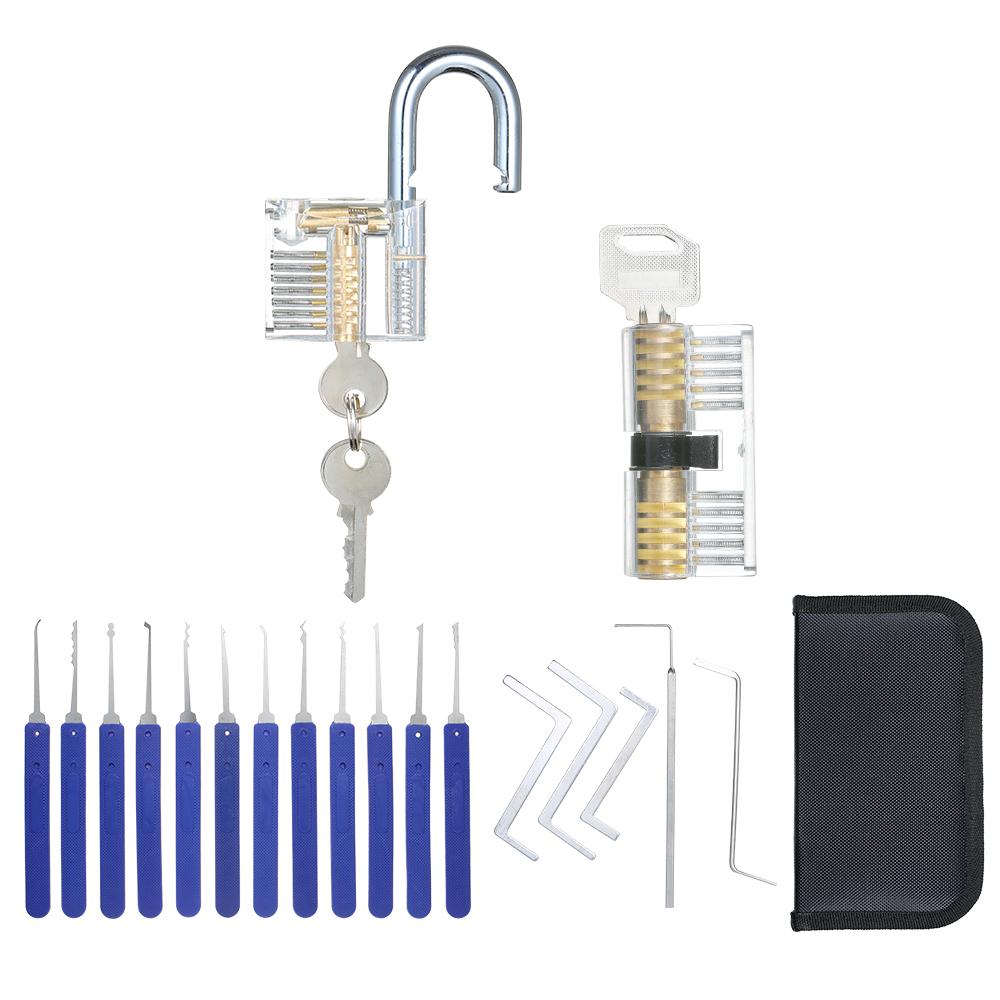 Bộ ổ khóa 17 món với 2 ổ khóa thực hành có thể nhìn thấy trong suốt training locksmith tools