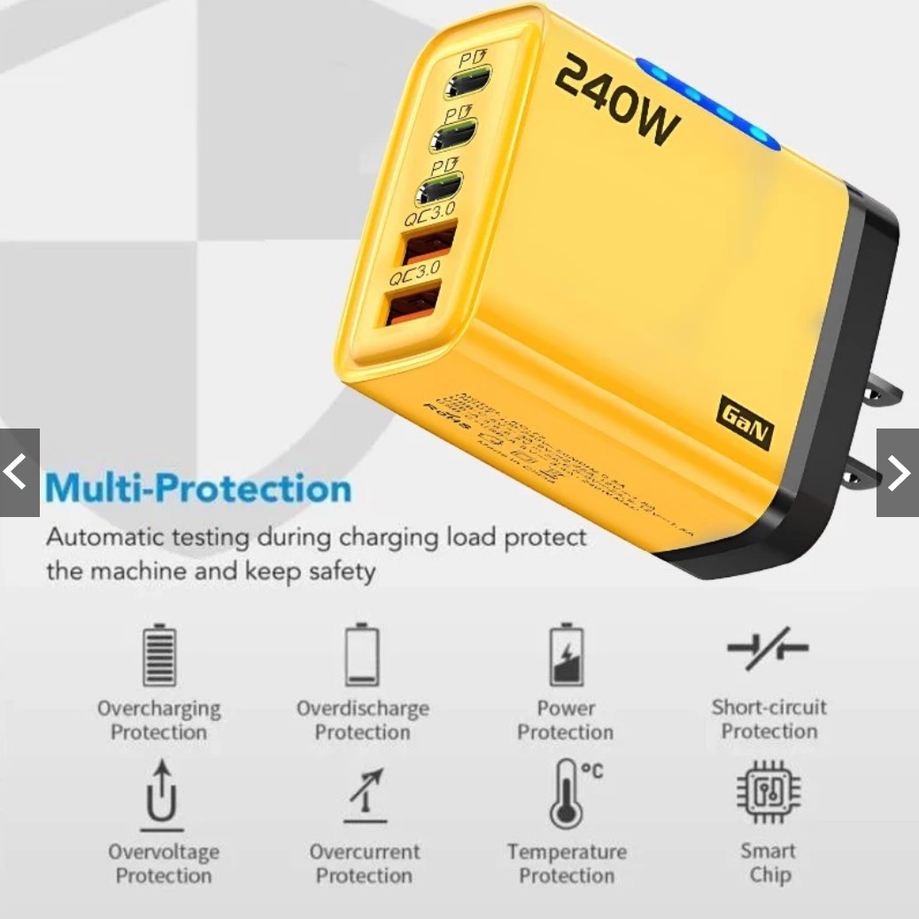 Bộ sạc GaN 240W - Sạc nhanh USB 5 cổng PD có đèn LED, Sạc siêu nhanh Type C cho máy tính xách tay, điện thoại và MacBook - miếng lót chuột