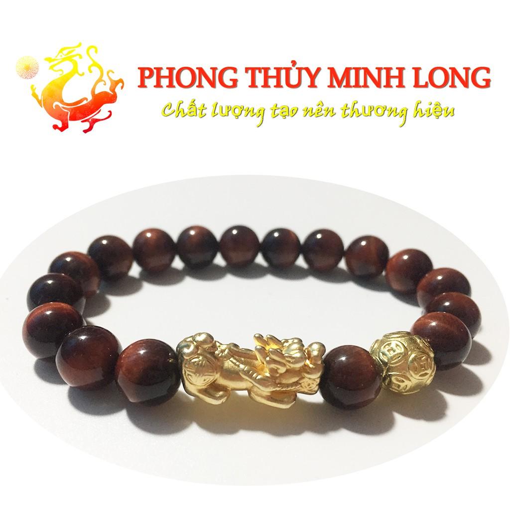 Vòng tay đá mắt hổ Đỏ Nâu 5A mix Tỳ Hưu và 1 hạt kim tiền hợp mệnh Hỏa và Thổ