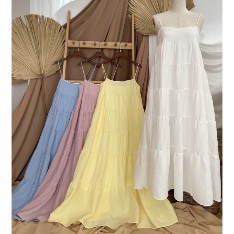 Maxi 2 dây nhún tầng form babydoll nhiều màu freesize