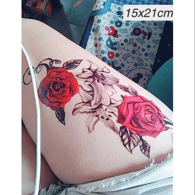 Hình xăm dán hoa hồng đỏ lá xinh bắp tay