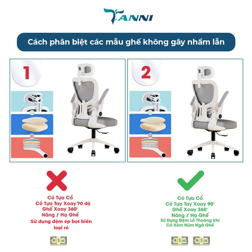 Ghế Văn Phòng Công Thái Học Ergonomic TANNI Premium 03, Ghế Xoay Văn Phòng Làm Việc Cao Cấp Nhập Khẩu