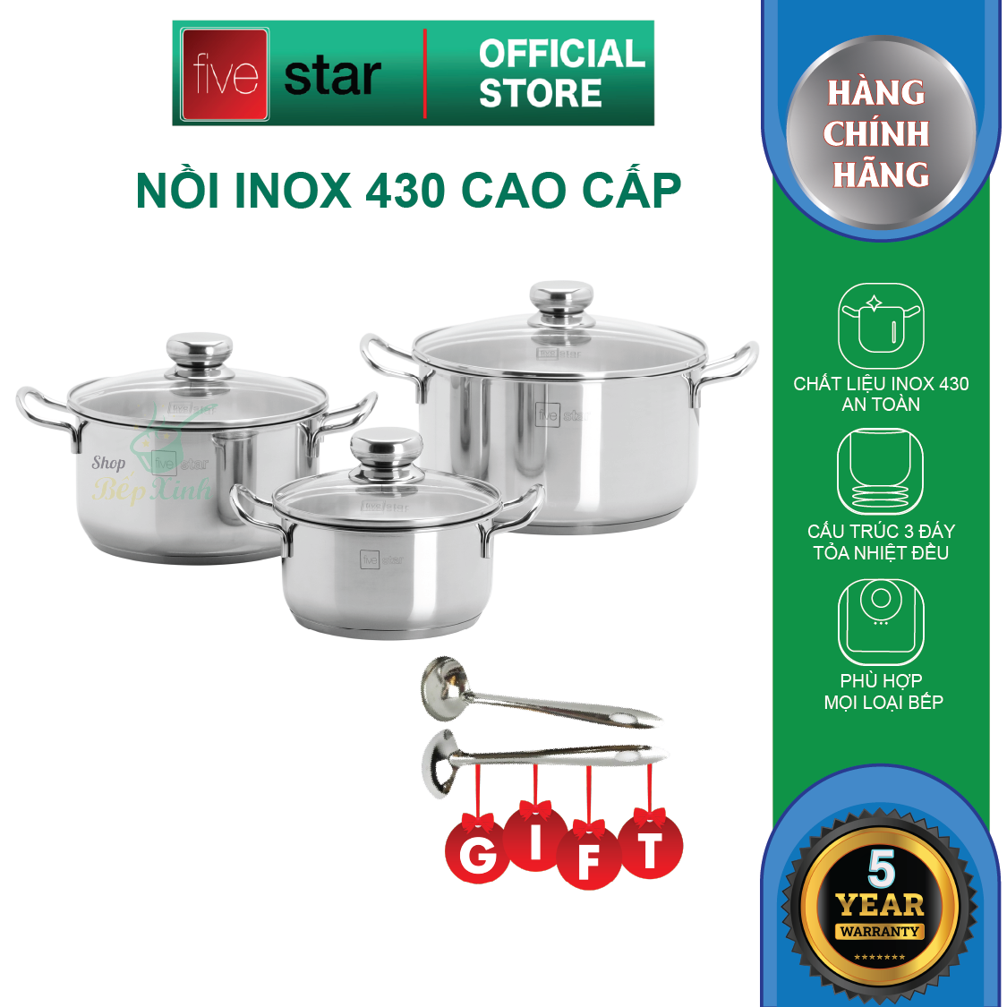 Bộ 3 Nồi Inox 3 Đáy Nắp Kính Fivestar Fs06Cg - Hàng Chính Hãng