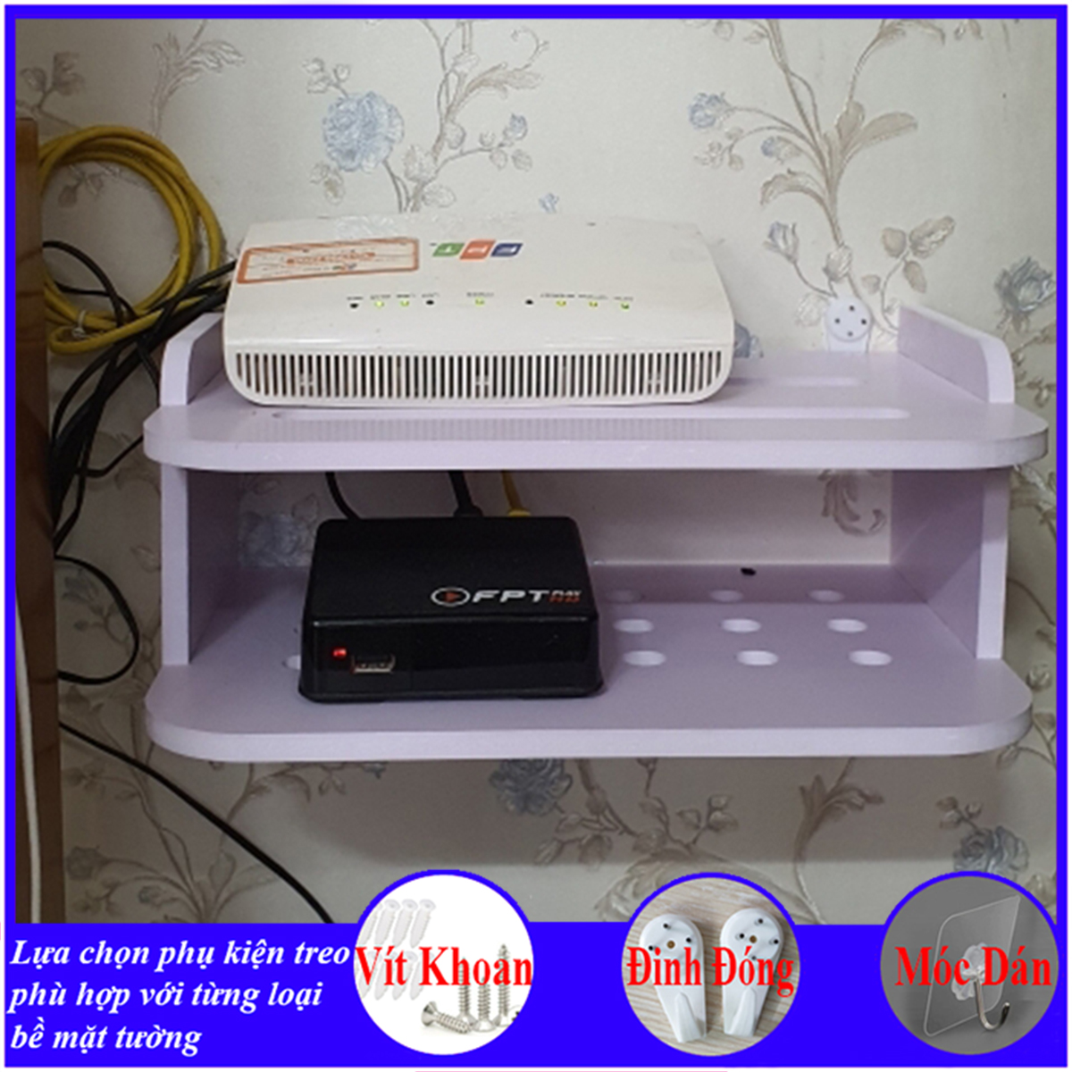 Kệ treo tường, kệ đặt modem wifi, đầu thu kỹ thuật số, remote, điện thoại, chất liệu gỗ Pitech cao cấp màu trắng