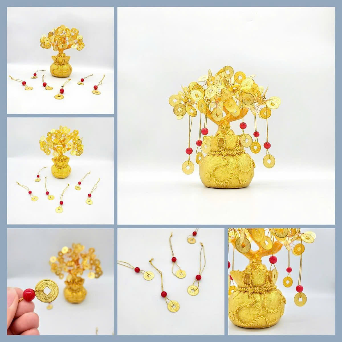 Cây Tài Lộc Đồng Xu Vàng Tặng Kèm Liễn Xu Đính Đá Trang Trí Ngày Tết