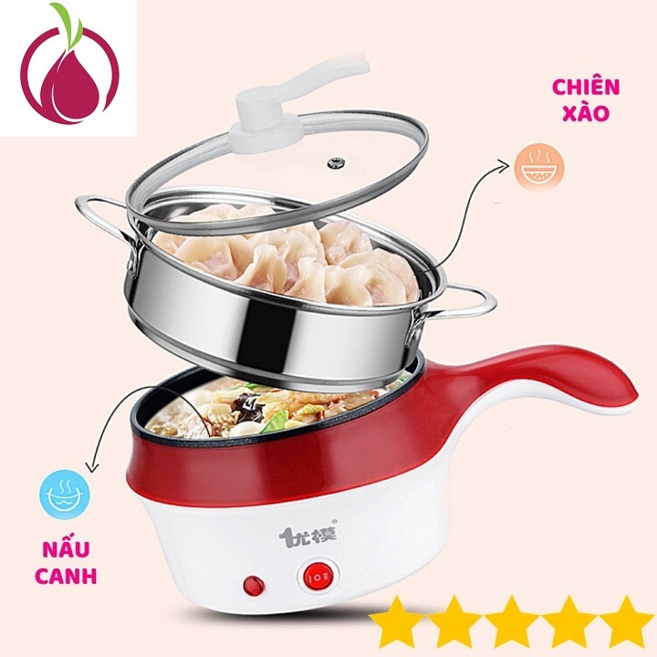 Nồi Lẩu Điện Đa Năng, Ca Nấu Mì Tiện Lợi Kèm Giá Hấp bằng Inox Có Tay Cầm Tiện Dụng 18cm, Nồi Lẩu Hấp Mini 2 Tầng Cao Cấp- Hàng Chính Hãng OnionDecor