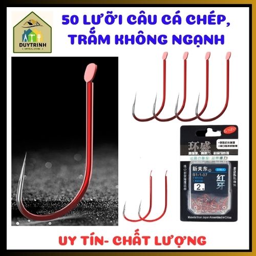 Hộp 50 móc lưỡi câu cá màu đỏ Kanto mới không có ngạnh nhật bản