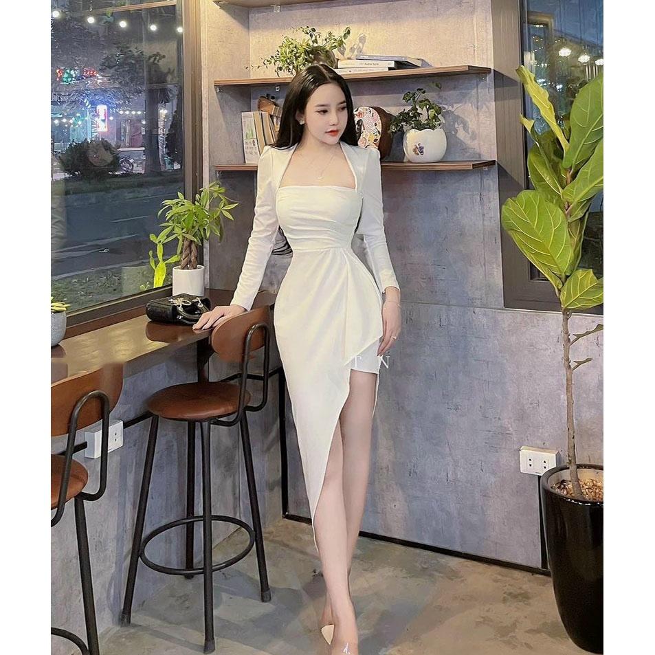 FREE SHIP Đầm Ôm Body Tay Dài Bèo Lai Tà Chéo Trang Nữ KIM GIA DS