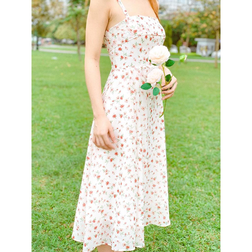 Váy đầm thiết kế 2 dây hoa nhí dáng dài xoè maxi cúp ngực sexy thắt eo có lớp lót vải chiffon mát đi chơi đi biển