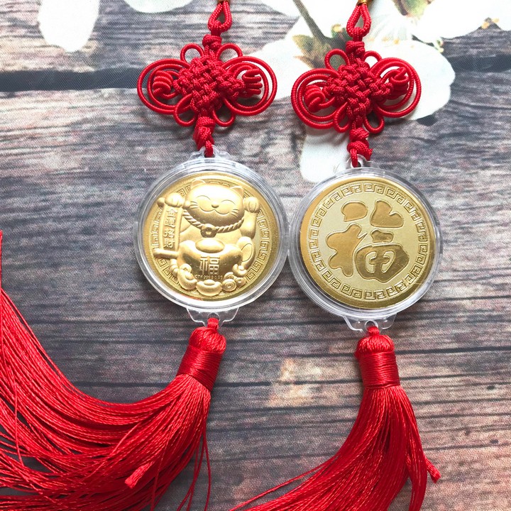 Dây treo đồng xu Mèo Thần Tài may mắn , dùng để trang trí trong nhà, nơi làm việc, trên xe oto - TMT Collection - SP005086