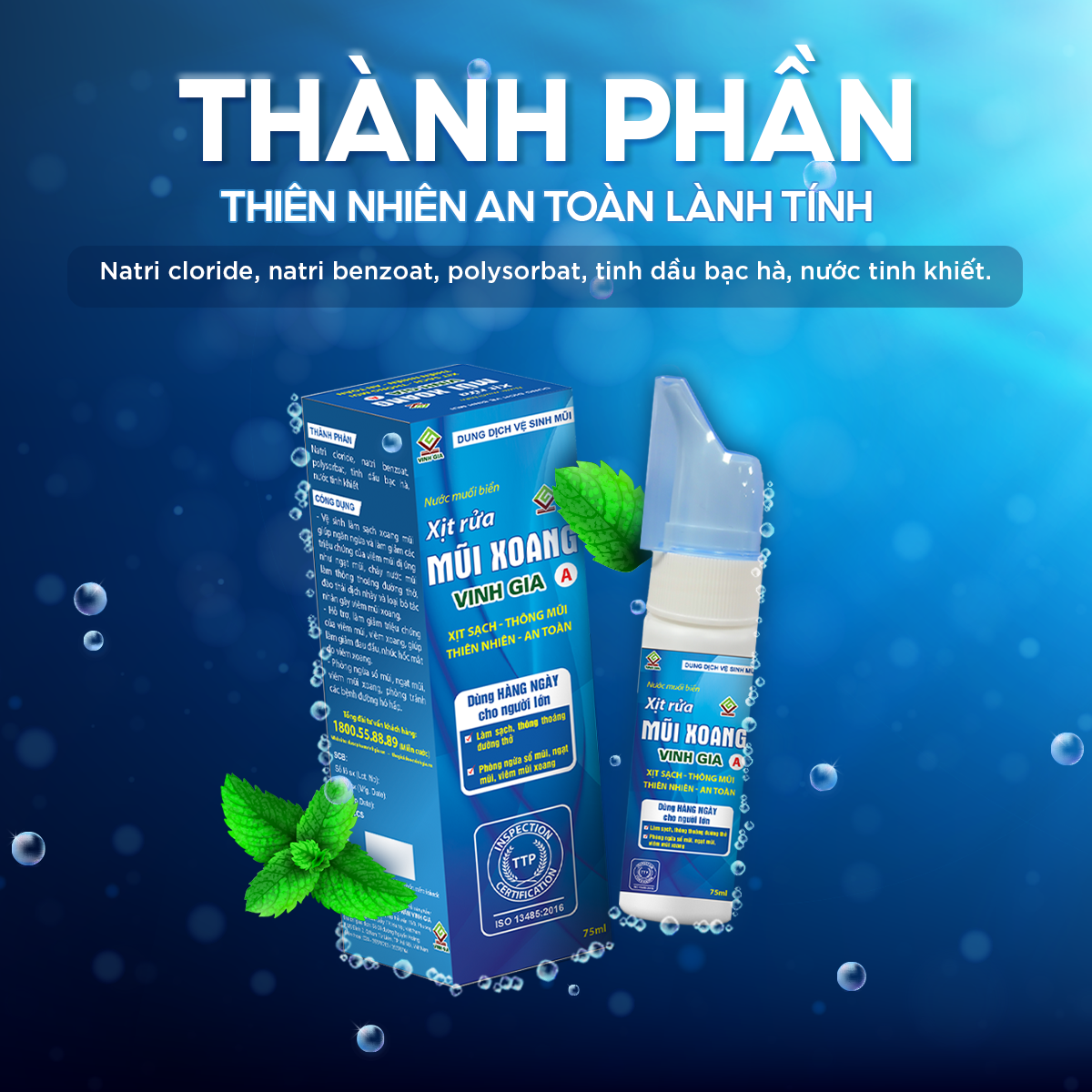 Xịt Rửa Mũi Xoang VINH GIA A Chứa Tinh Dầu Bạc Hà, Giúp hỗ trợ Hơi Thở Thông Thoáng, Bảo Vệ Hô Hấp Dùng Cho Người Lớn - 75ml