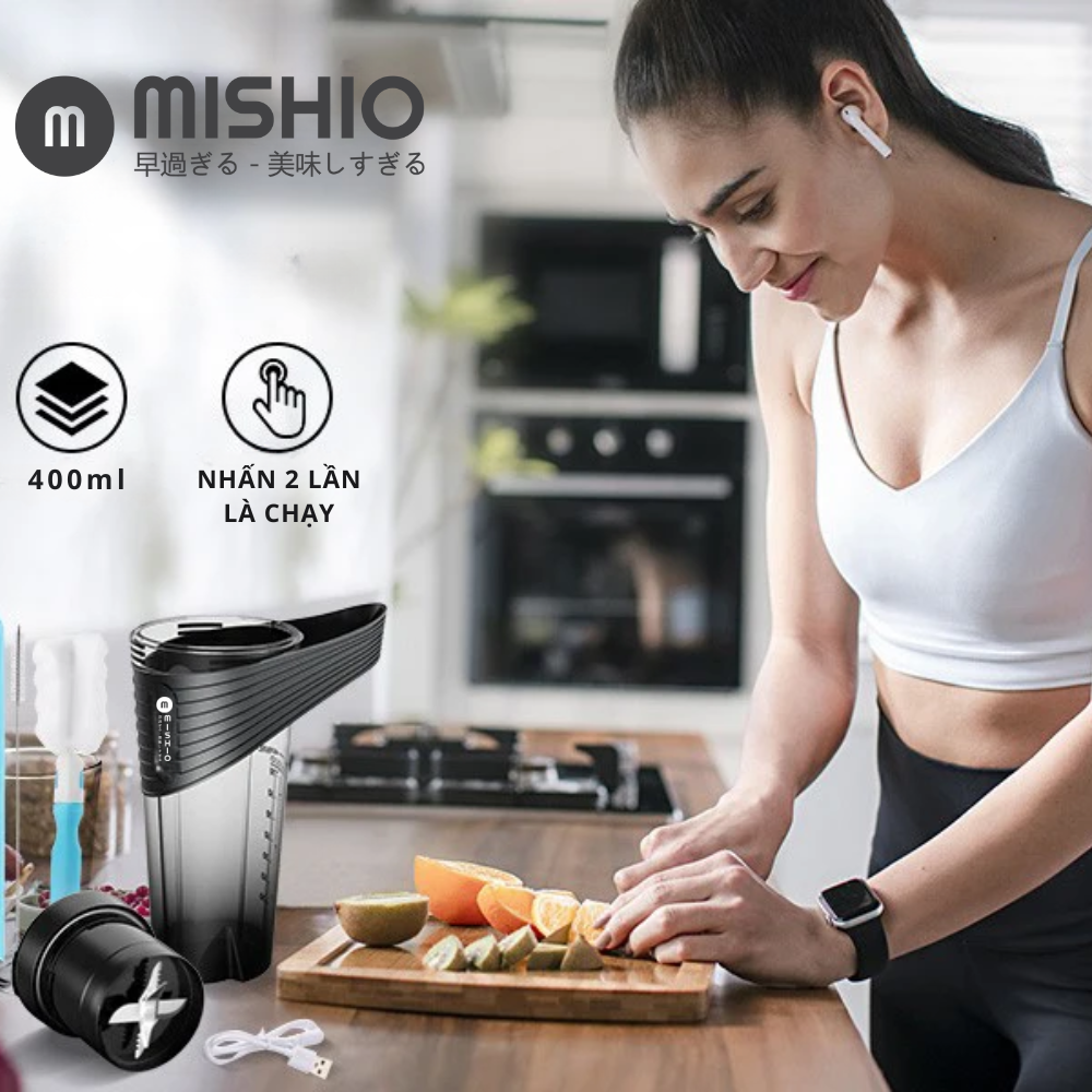 Máy xay sinh tố chạy pin 400ml Mishio MK371 cầm tay mang đi mọi nơi dễ dàng - Hàng chính hãng