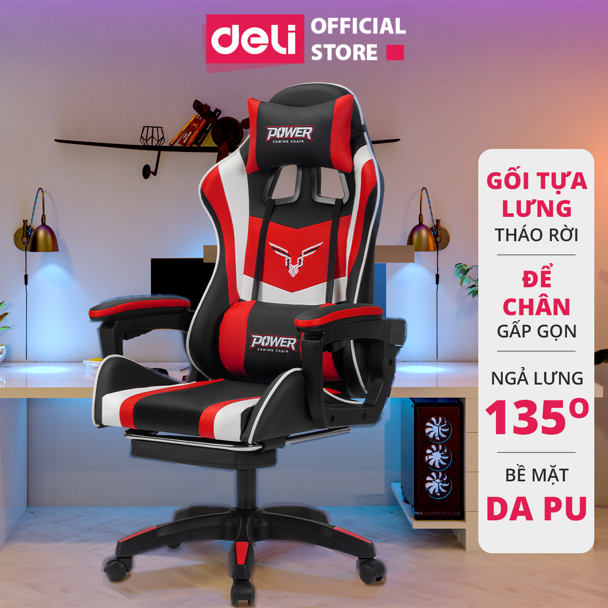 Ghế Gaming Chơi Game Deli - Bọc Da Cao Cấp - Có Gác Chân Thông Minh - Phù Hợp Game Thủ Văn Phòng Làm Việc Học Sinh Gối Tựa Lưng - Hàng Chính Hãng - E4927