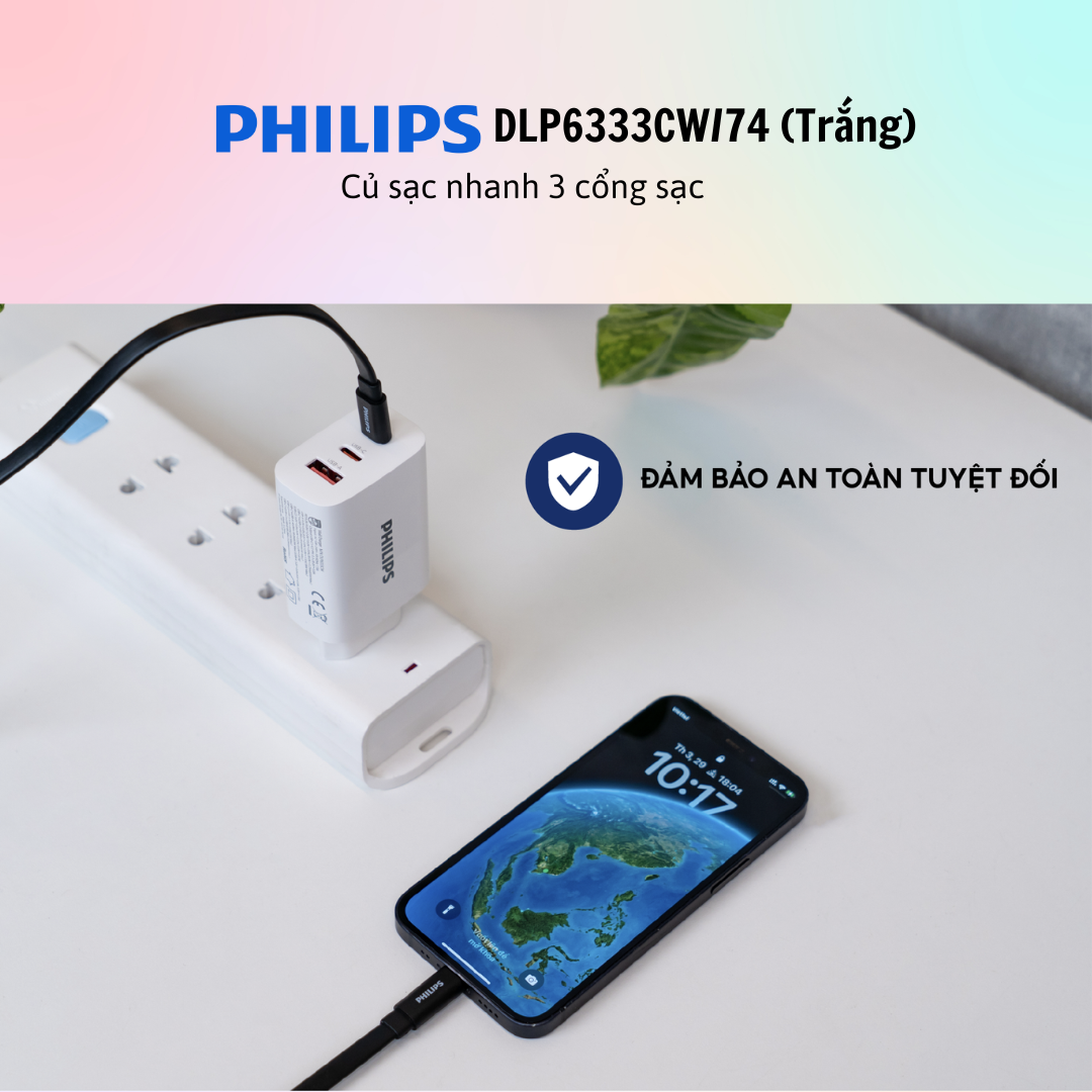 Sạc đa cổng Philips Wall Charger 1USB 2Type-C 65W QC 3.0 DLP6333CW/74 - DLP6333CB/74 - Hàng chính hãng