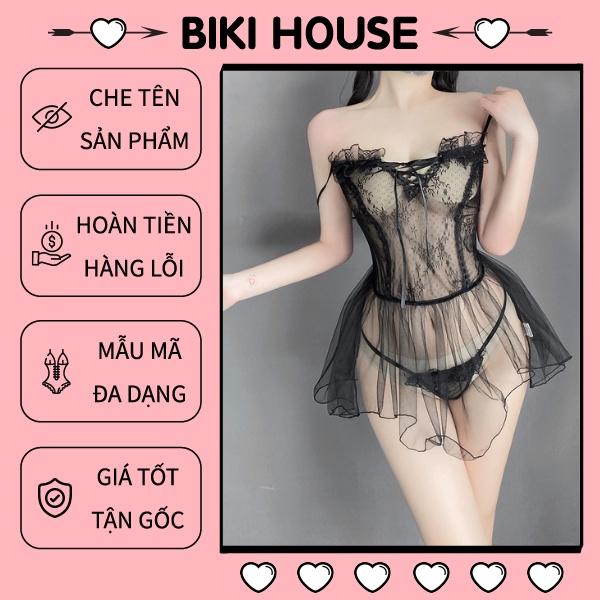 Đầm ngủ công chúa trong suốt sexy đáng yêu váy ngủ tiểu thư 2 dây ren xuyên thấu đen trắng gợi cảm BIKI HOUSE N147