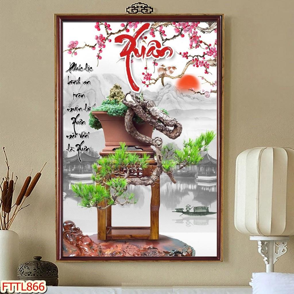 Tranh dán tường Tranh tết 2021 Tranh thư pháp Chậu Bonsai - hoa mai Như Ý, Tranh dán tường 3d