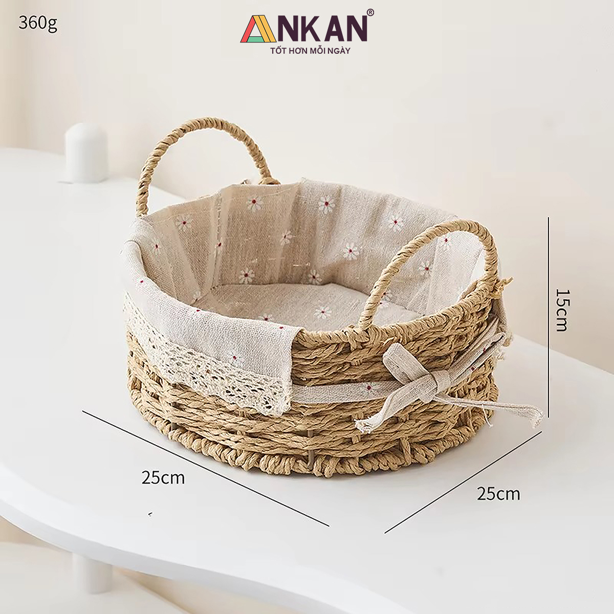 Giỏ Picnic Hình Tròn Có Quai – Đan Tay Thủ Công, Lót Vải Hoa Vintage, Giỏ Đựng Đồ Trang Trí Xinh Xắn