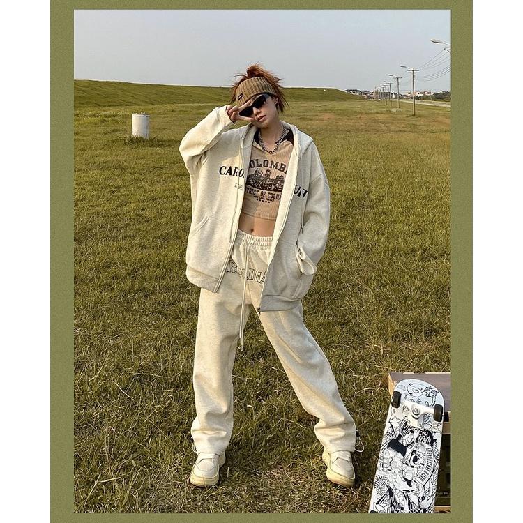 Bộ Áo Hoodie Nỉ Quần Ống Rộng CAROLINAUH Dáng Thể Thao