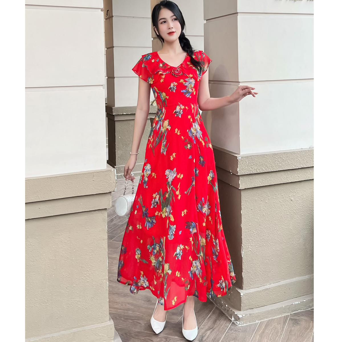 Hình ảnh [HCM] Đầm maxi vol hoa 4 lá cổ D092 - Lady Fashion- Khánh Linh Style