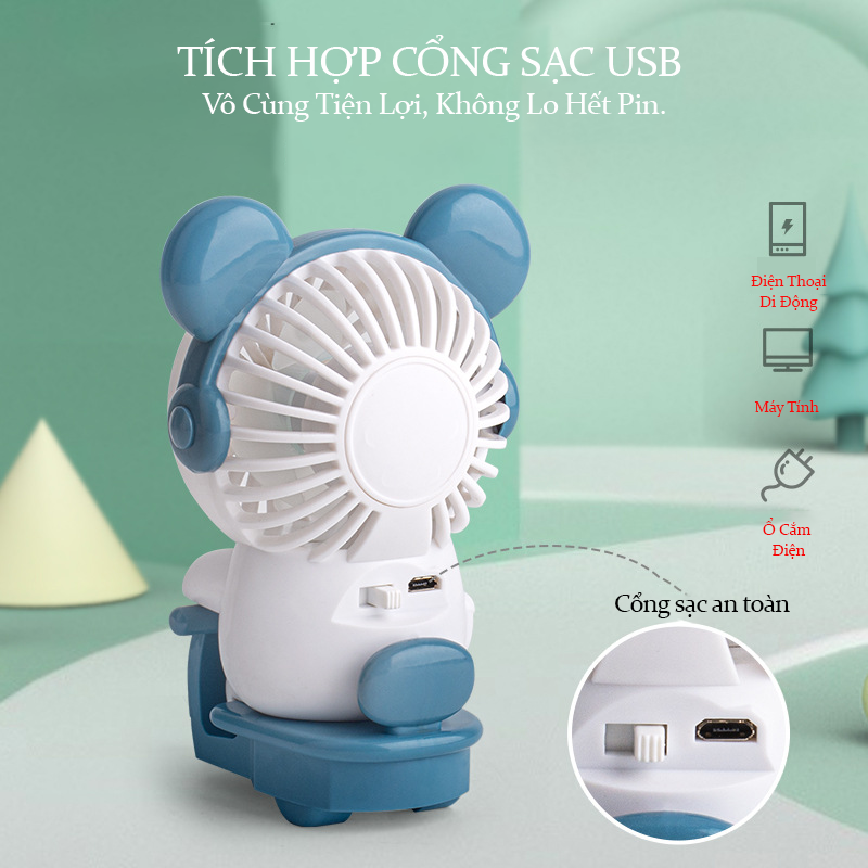 Quạt Cầm Tay Mini, Quạt Sạc Tích Điện Thỏ Lái Xe Xinh Xắn Teement, Có 2 Tốc Độ Gió ( Gió Mạnh, Gió Nhẹ), Dễ Thương Tránh Nóng Mùa Hè Cực Êm (Kèm Dây Sạc Usb)- Hàng Chính Hãng