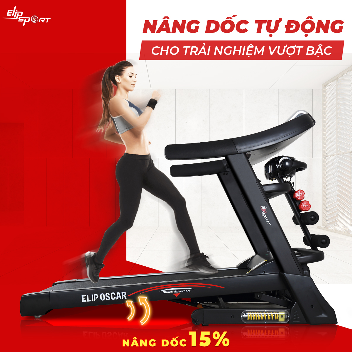 Máy chạy bộ điện ELIP Oscar chính hãng, Công suất 4.0HP, nâng dốc tự động, có đai massage, thanh gập bụng